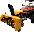 Yellow snow blower attached to a red ATV on a white background