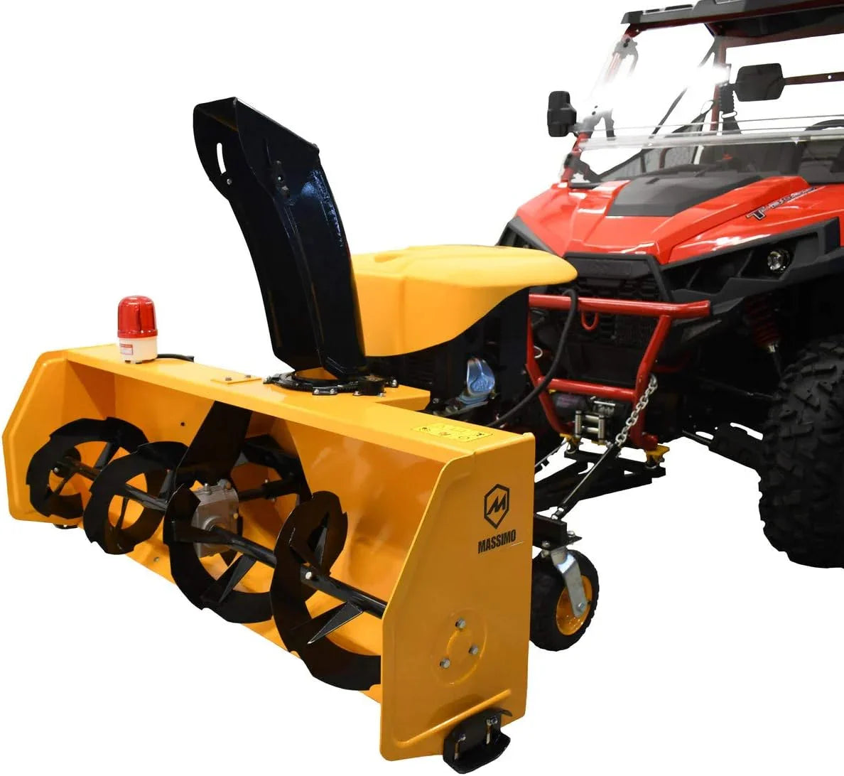 Yellow snow blower attached to a red ATV on a white background