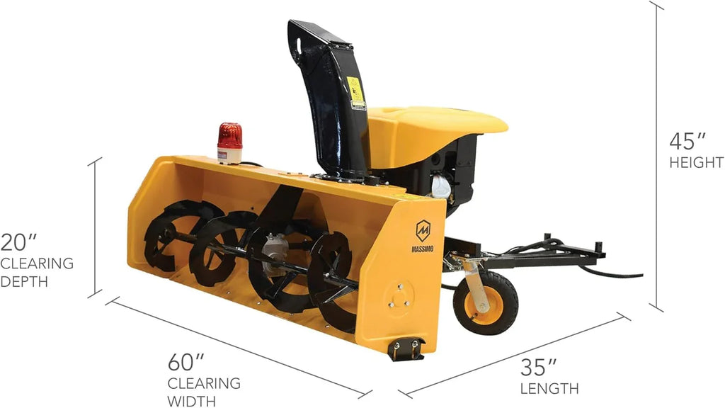 Yellow snow blower with dimensions labeled on a white background