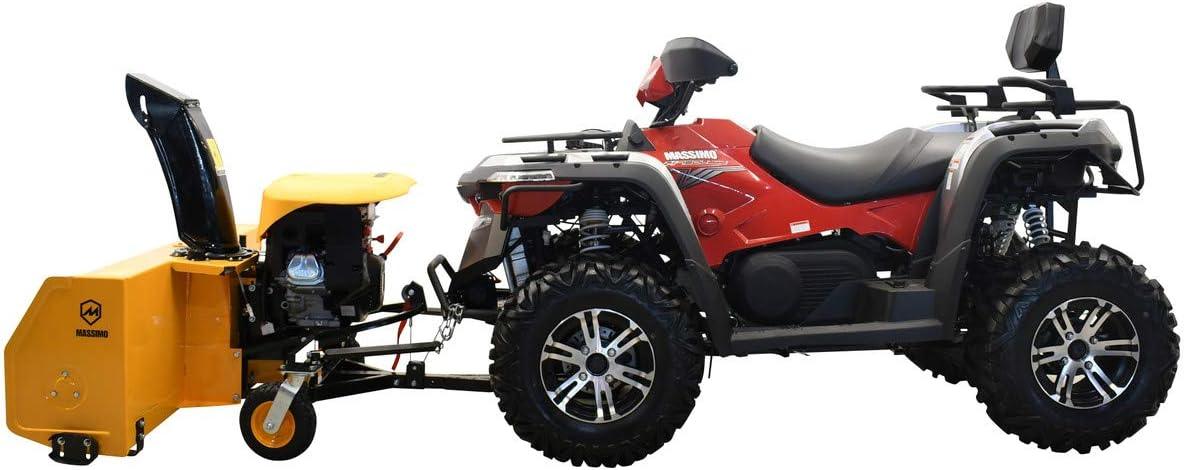 Red ATV with a yellow attachment on a white background