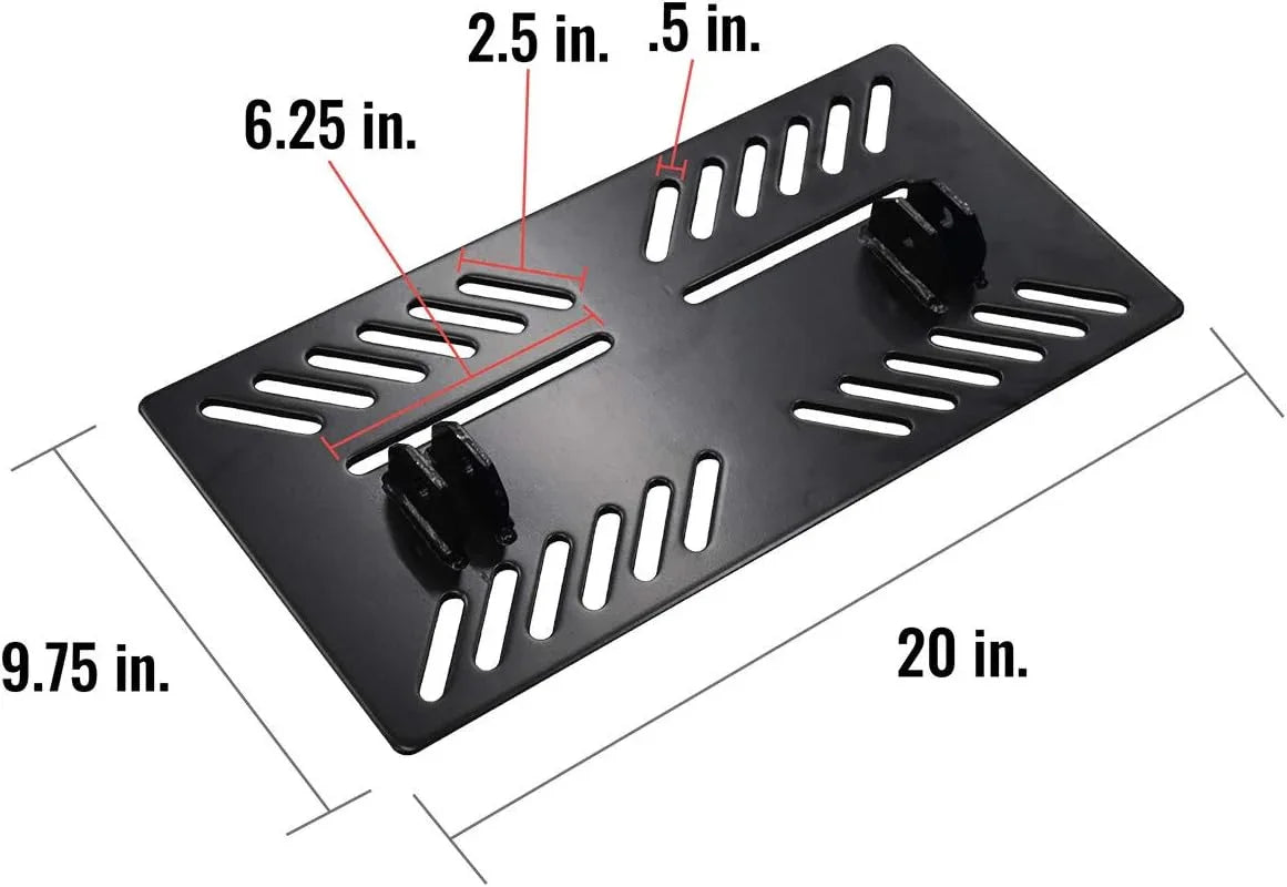 Black metal bracket with measurements labeled on a white background
