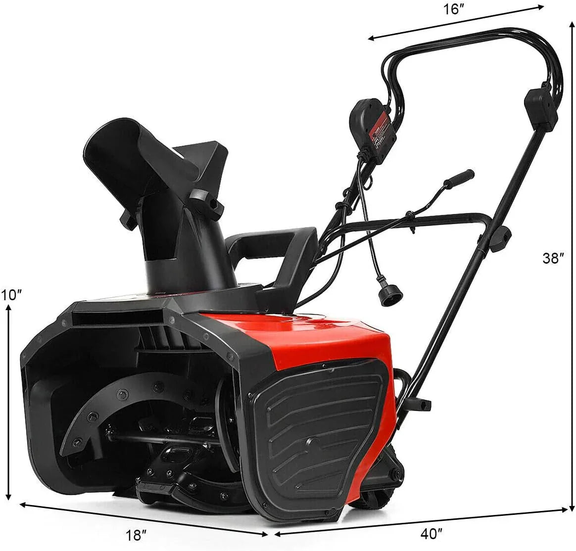 Black and red snow blower with dimensions labeled on a white background
