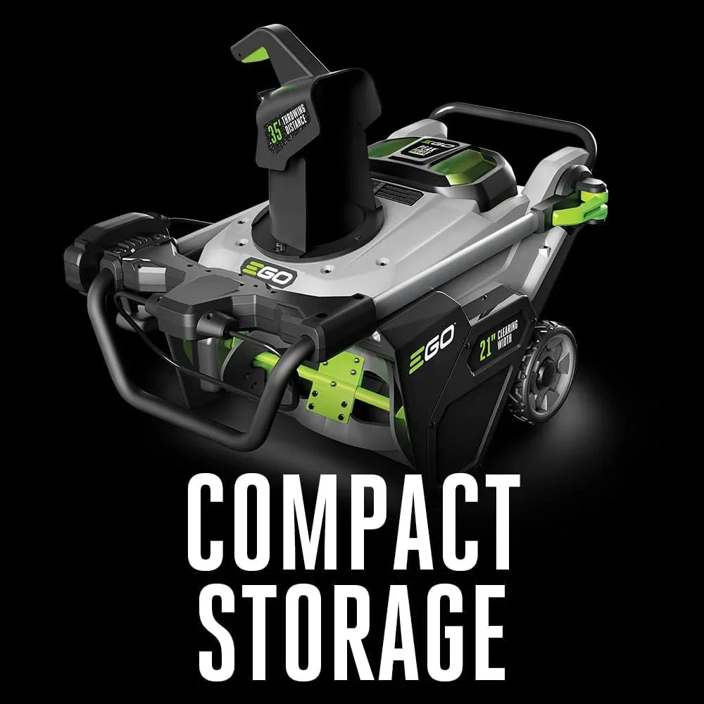 Ego lawn mower with 'Compact Storage' text on a black background
