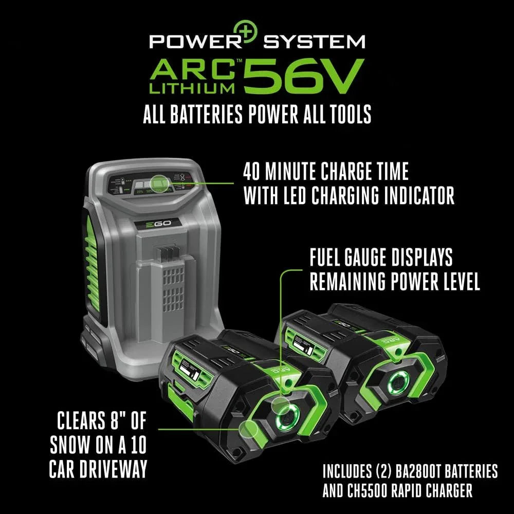 Power System ARC 56V lithium-ion battery and charger with features highlighted on a black background