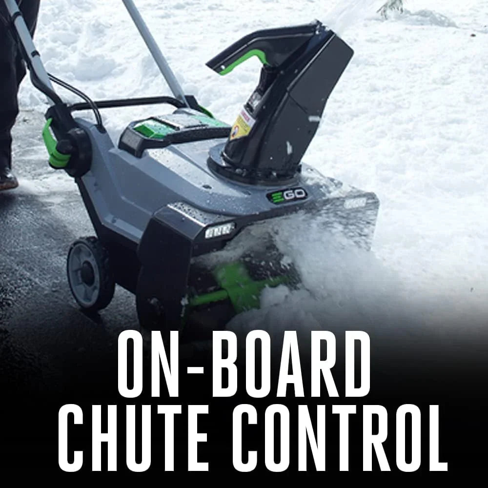 Snow blower in action with 'On-Board Chute Control' text overlay