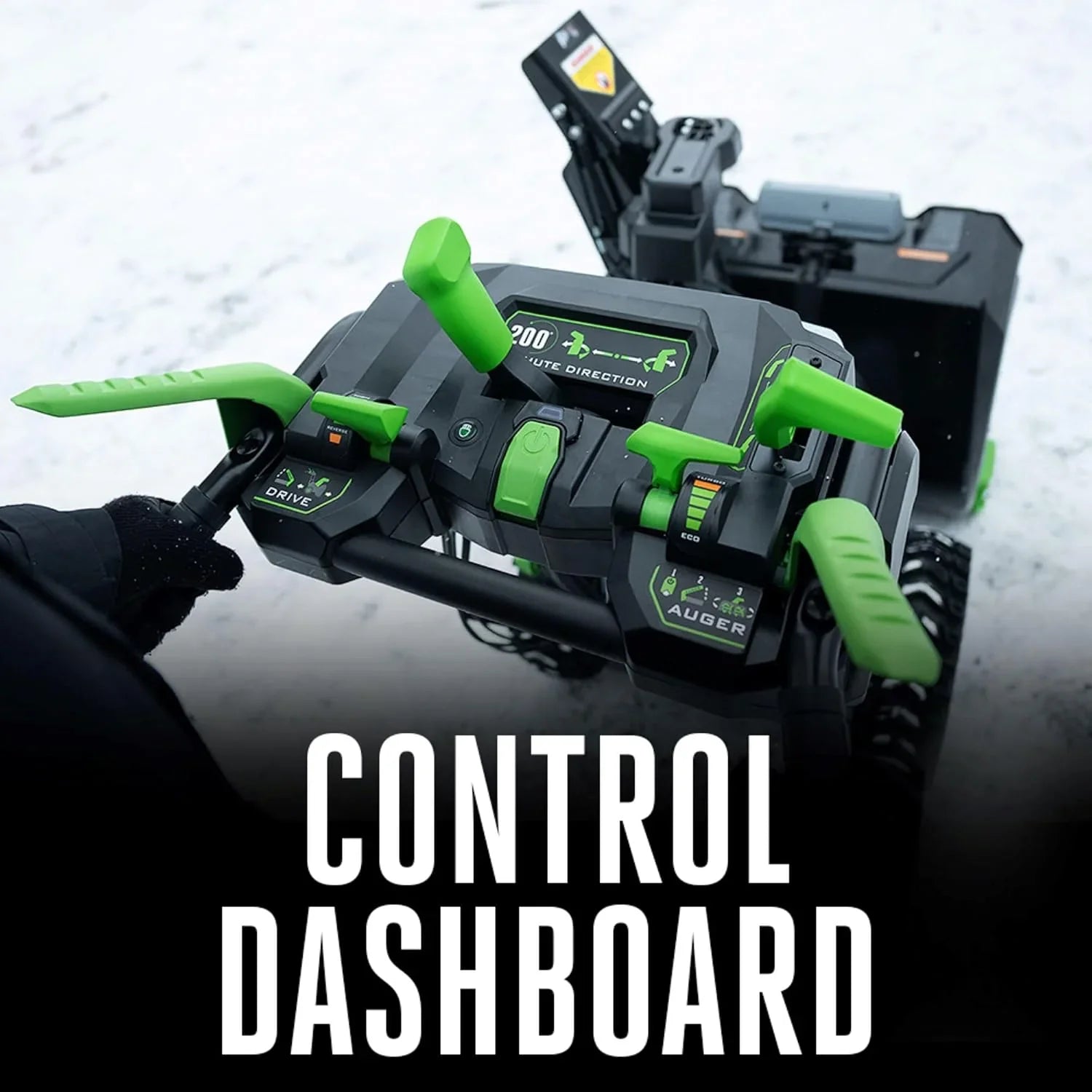 Control dashboard of a snowblower with 'CONTROL DASHBOARD' text overlay on a snowy background