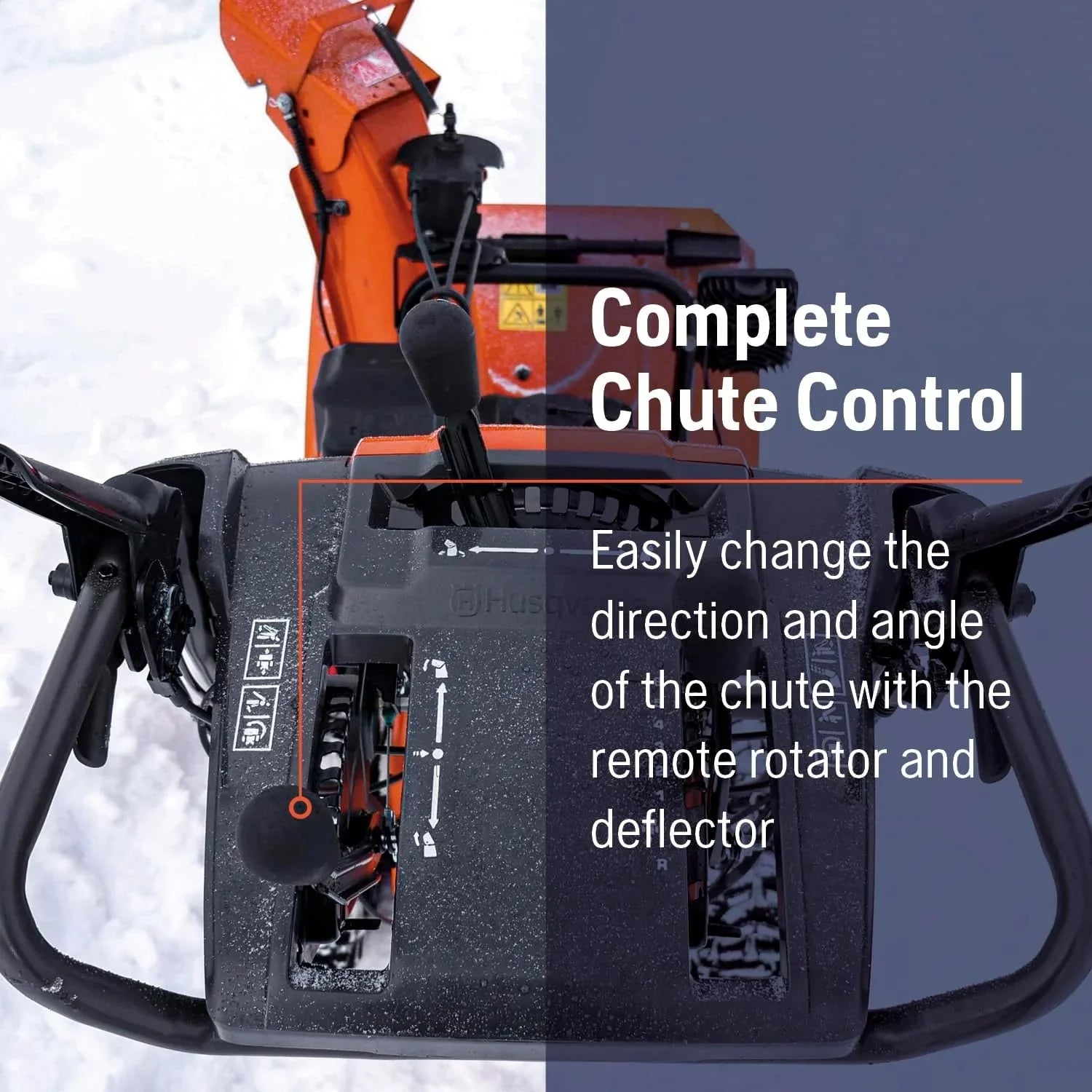 Snow blower with remote rotator and deflector on a snowy background