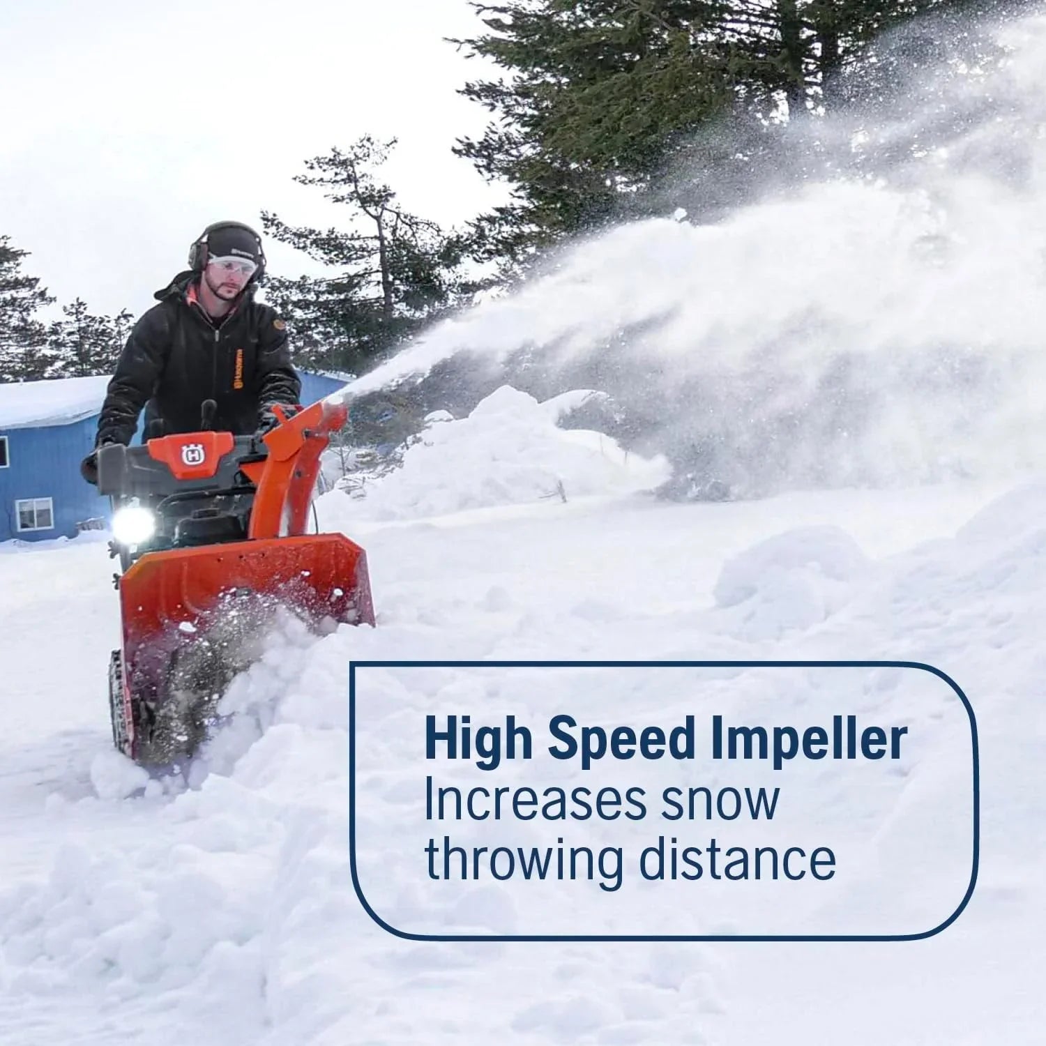Person using a snow blower to clear snow with text highlighting high speed impeller feature.