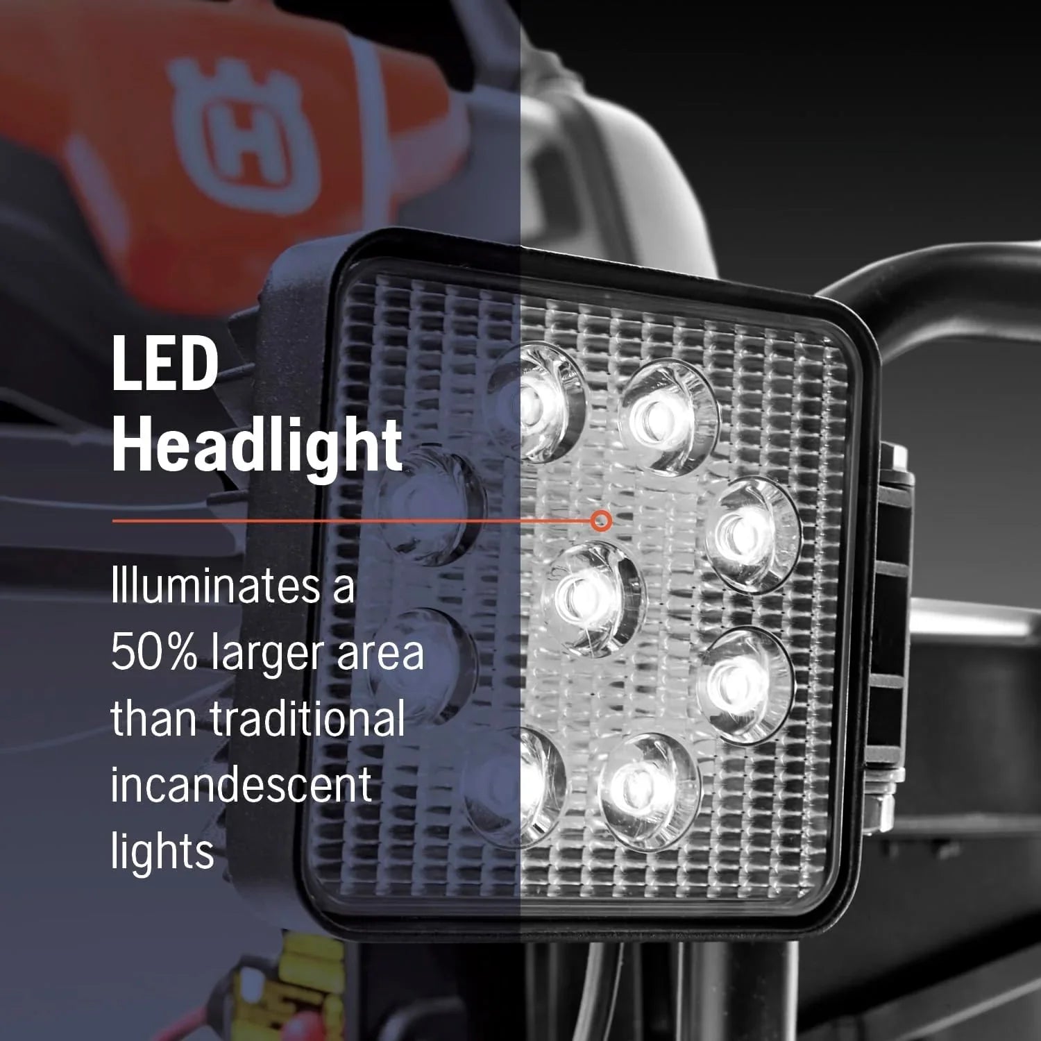 LED headlight with text highlighting its area illumination benefits, brand visible.