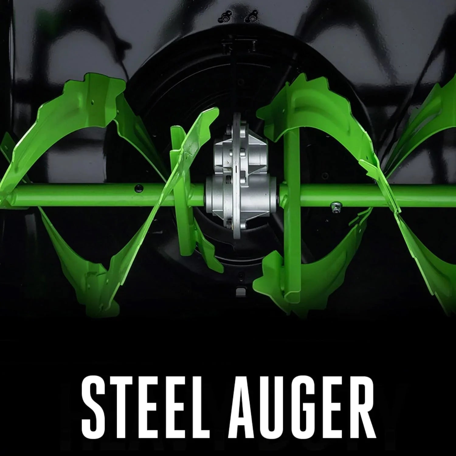 Green steel auger on a black background with 'STEEL AUGER' text.