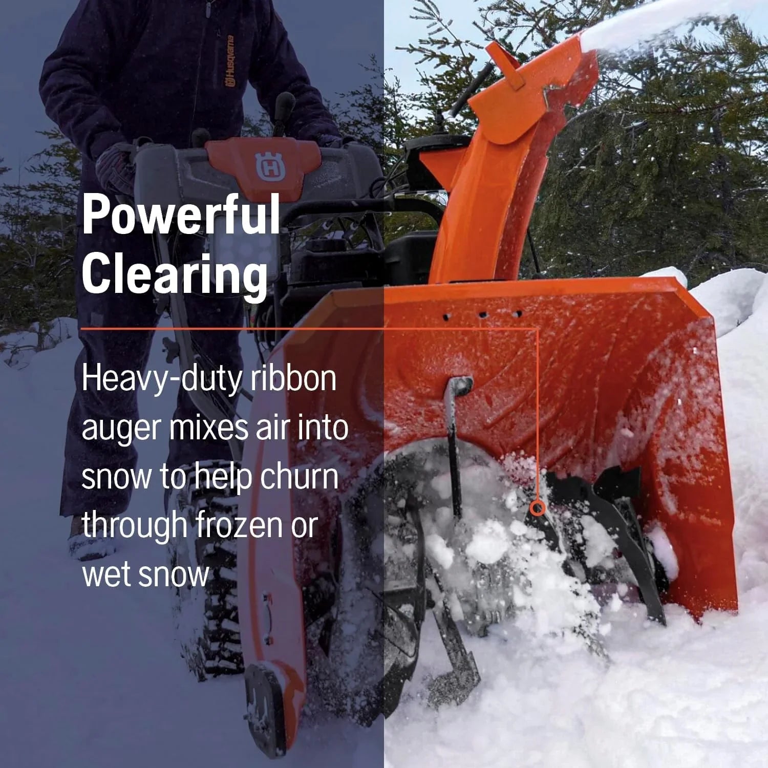 Person using a snow blower to clear snow with text highlighting its power and features.