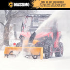 Snowblower in action during a snowstorm with Massimo branding.