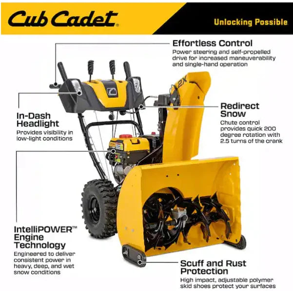 Cub Cadet snowblower with features highlighted on a white background