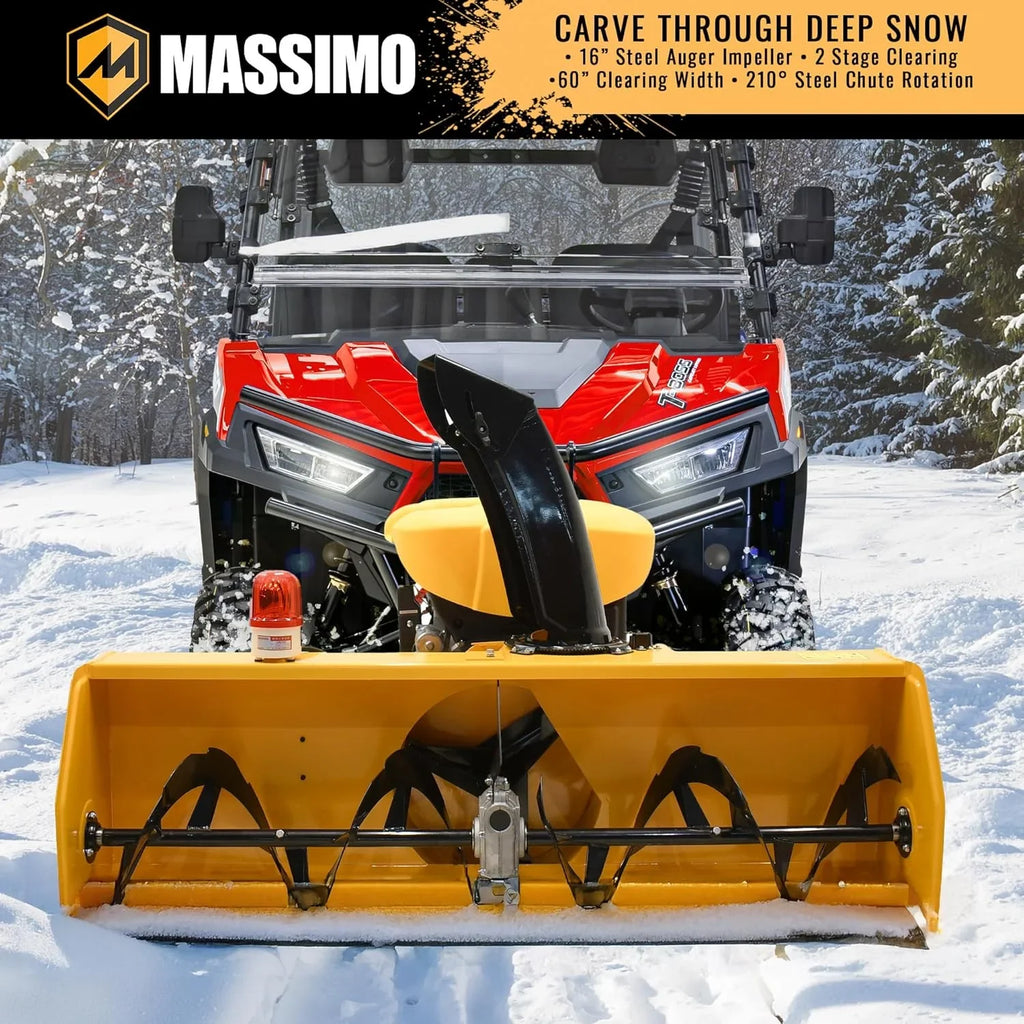 Red snowblower with yellow attachment in a snowy landscape, featuring Massimo branding.