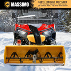 Red snowblower with yellow attachment in a snowy landscape, featuring Massimo branding.