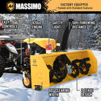 Yellow snow blower with features highlighted on a snowy background, featuring the brand 'Massimo'.