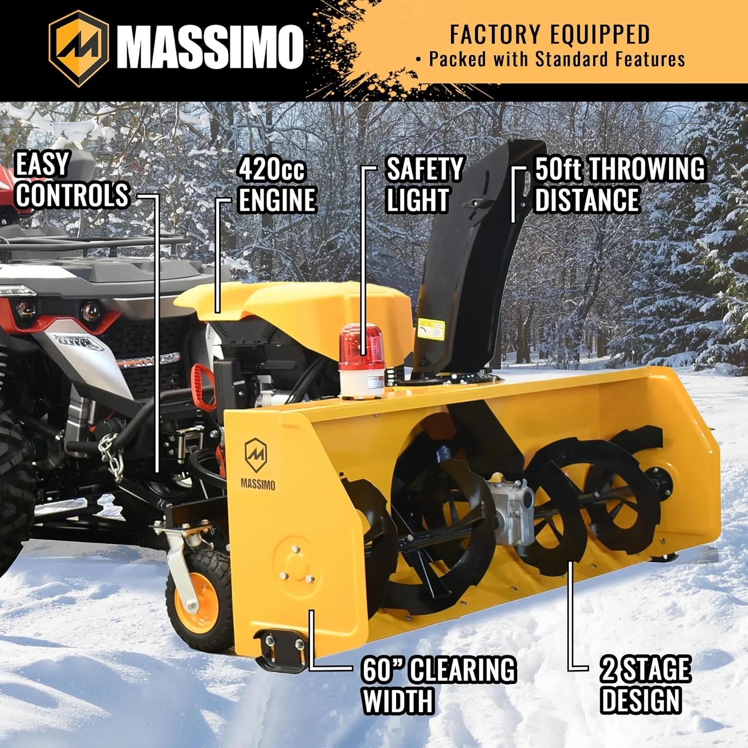 Yellow snow blower with features highlighted on a snowy background, featuring the brand 'Massimo'.