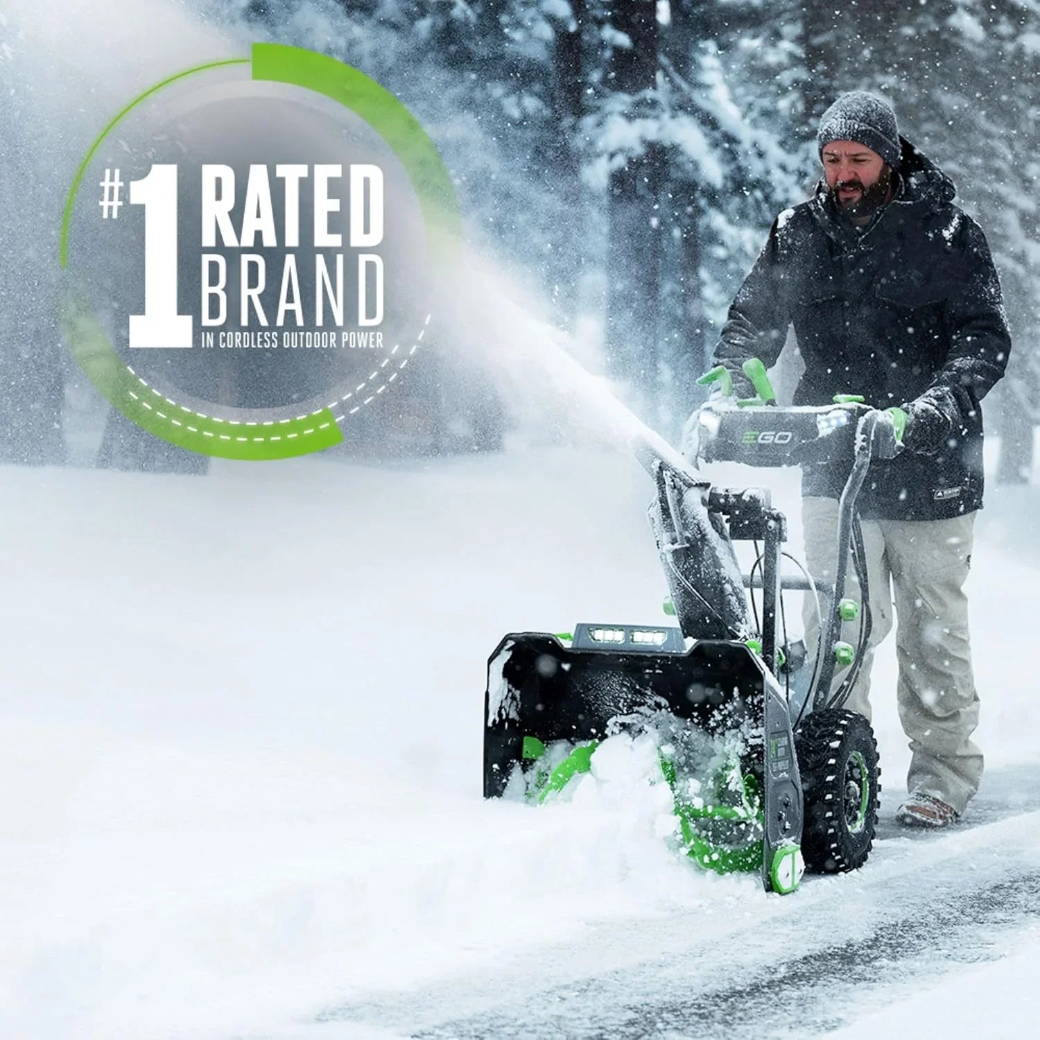 Person using a snow blower in a snowy landscape with '#1 Rated Brand' text overlay.