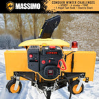 Yellow and black snow blower in a snowy landscape with Massimo branding.