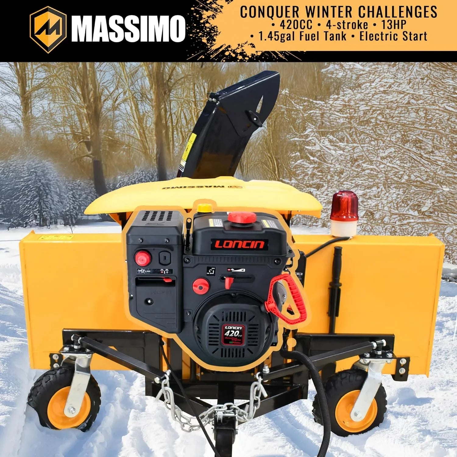Yellow and black snow blower in a snowy landscape with Massimo branding.