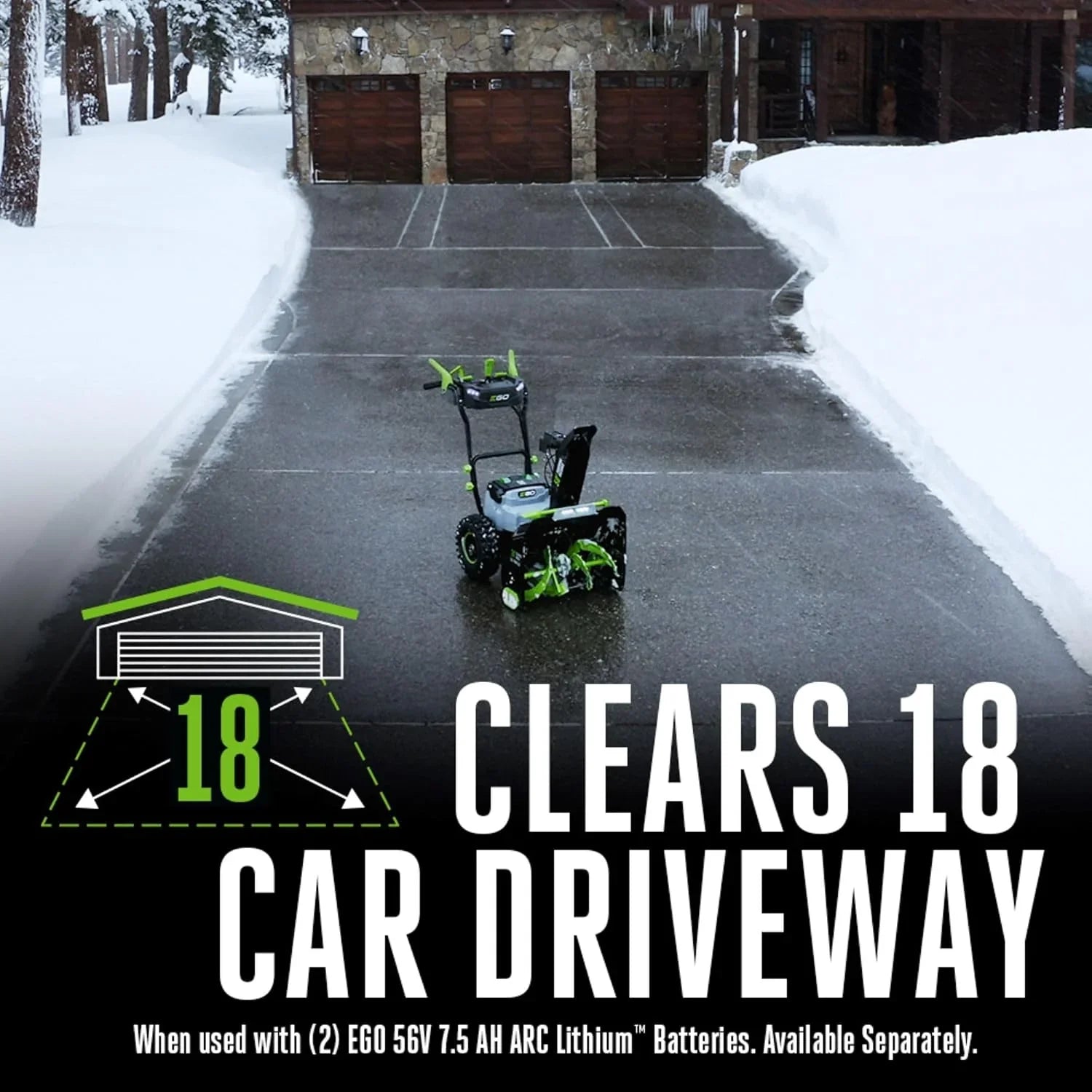 Snow blower clearing a driveway with text about its capacity.