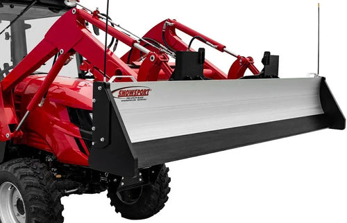 Red tractor with a snow blade attachment on a white background