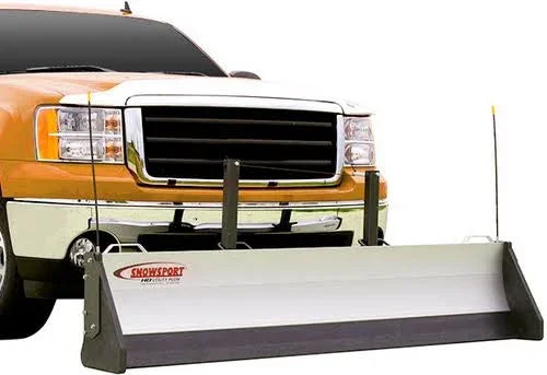 Snowplow attachment on a truck with 'Snowsport' branding.