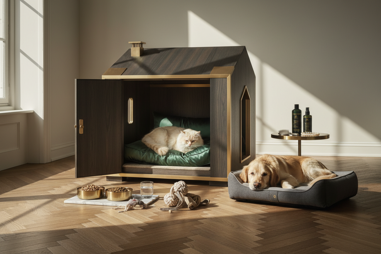 a premium and luxurious pet house image with cats and dogs goods around all real 