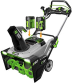 Green and black EGO snow blower with attachments on a white background