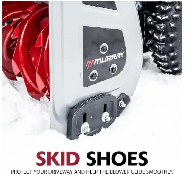 Snow blower with skid shoes and Murray logo on a snowy background
