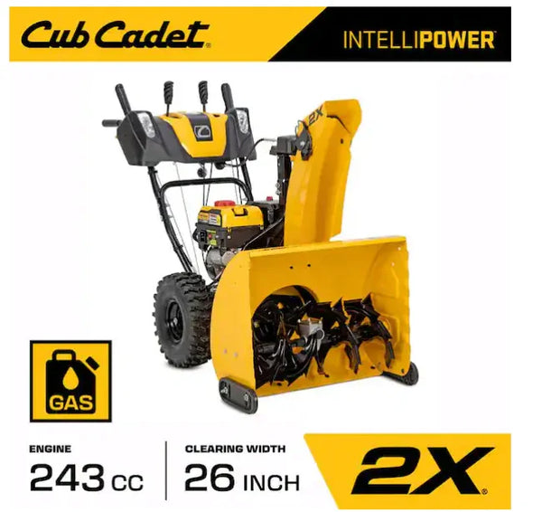 Yellow Cub Cadet snow blower with branding and specifications on a white background