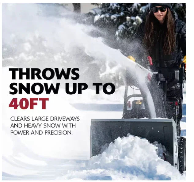 Person using a snow blower with text highlighting its snow-clearing capabilities.