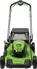 Greenworks electric lawn mower on a white background