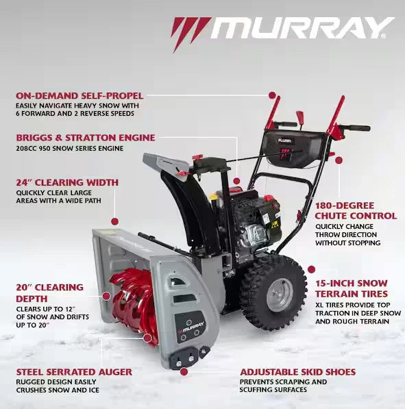 Murray snow blower with features highlighted on a white background